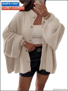 Oversized Button Down Lantern Sleeve Chunky Knit Cardigan Sweater Coat